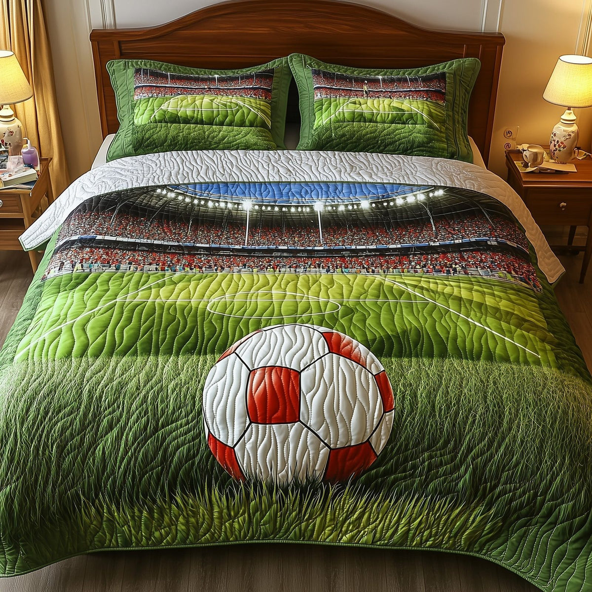 Soccer Field of Dreams quilted 3-piece bedding set on a made bed with two matching pillow shams