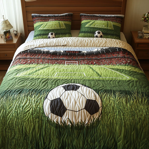 Soccer Field of Dreams quilted 3-piece bedding set on a made bed with two matching pillow shams