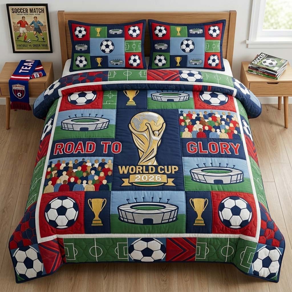 Soccer Patch Glory quilted 3-piece bedding set on a made bed with two matching pillow shams