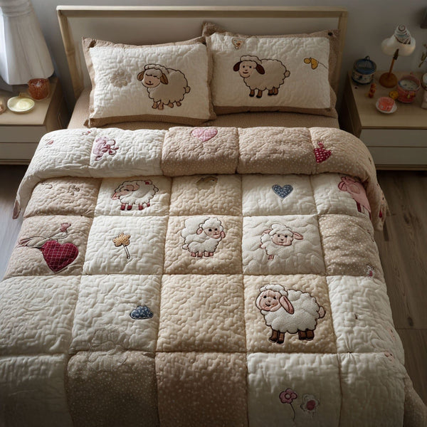 Soft and Sweet quilted 3-piece bedding set on a made bed with two matching pillow shams