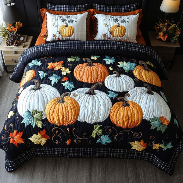 Soft Autumn Field quilted 3-piece bedding set on a made bed with two matching pillow shams