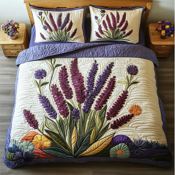 Soft Bloom quilted 3-piece bedding set on a made bed with two matching pillow shams