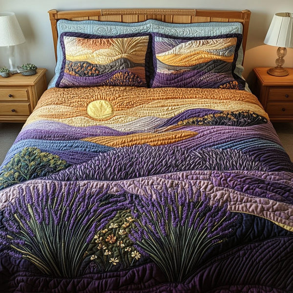 Soft Bloom quilted 3-piece bedding set on a made bed with two matching pillow shams