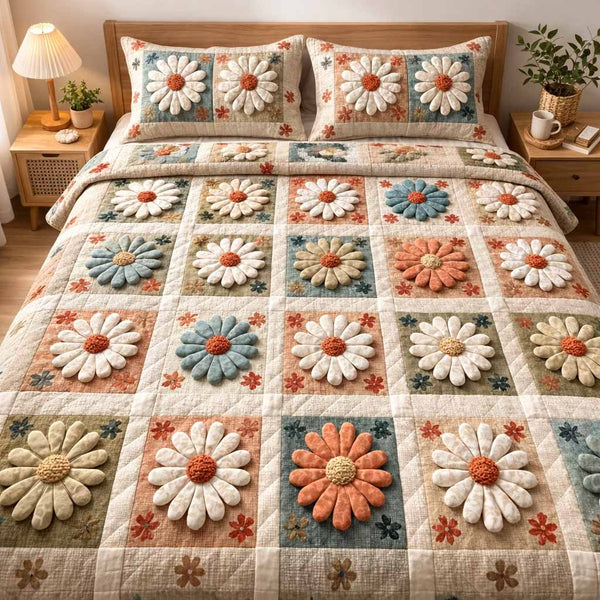 Soft Blossom quilted 3-piece bedding set on a made bed with two matching pillow shams