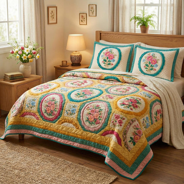 Soft Bouquet quilted 3-piece bedding set on a made bed with two matching pillow shams