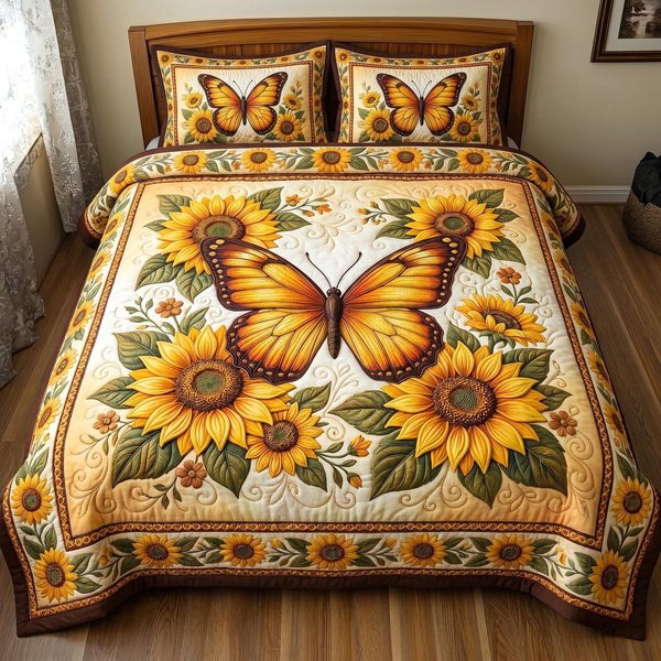Soft Butterfly quilted 3-piece bedding set on a made bed with two matching pillow shams