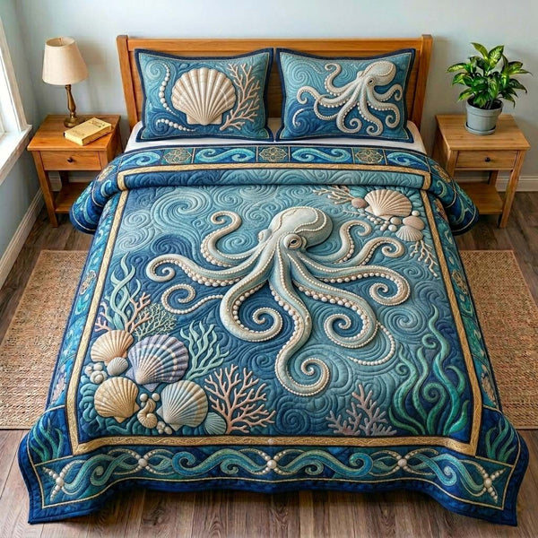 Soft Coastal Octopus quilted 3-piece bedding set on a made bed in a light coastal bedroom