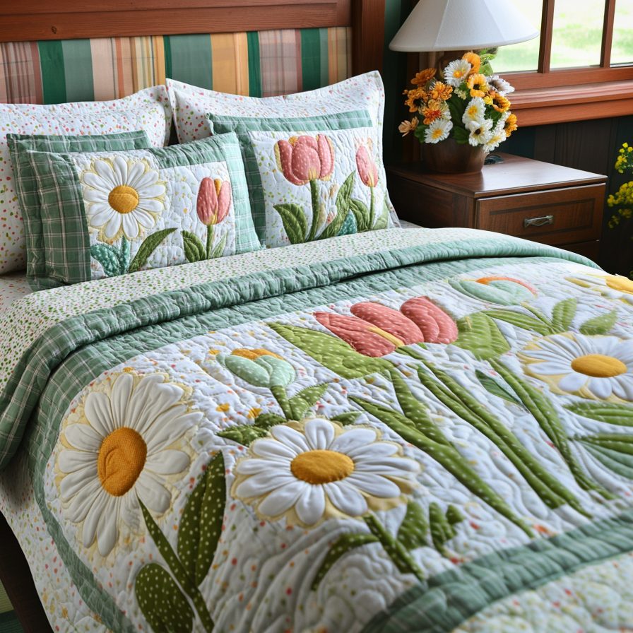 Soft Flora quilted 3-piece bedding set on a made bed with two matching pillow shams