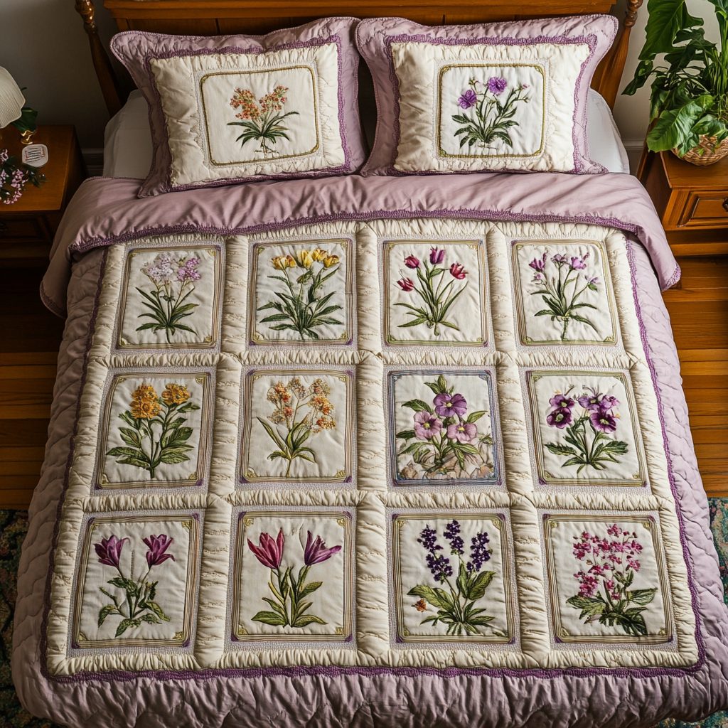 Soft Florals quilted 3-piece bedding set on a made bed with two matching pillow shams