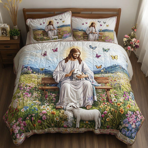 Soft Lamb quilted 3-piece bedding set on a made bed with two matching pillow shams
