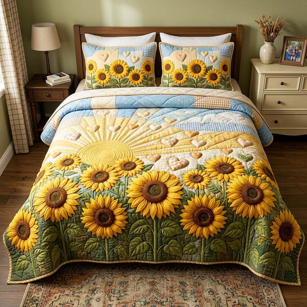 Soft Meadow quilted 3-piece bedding set on a made bed with two matching pillow shams