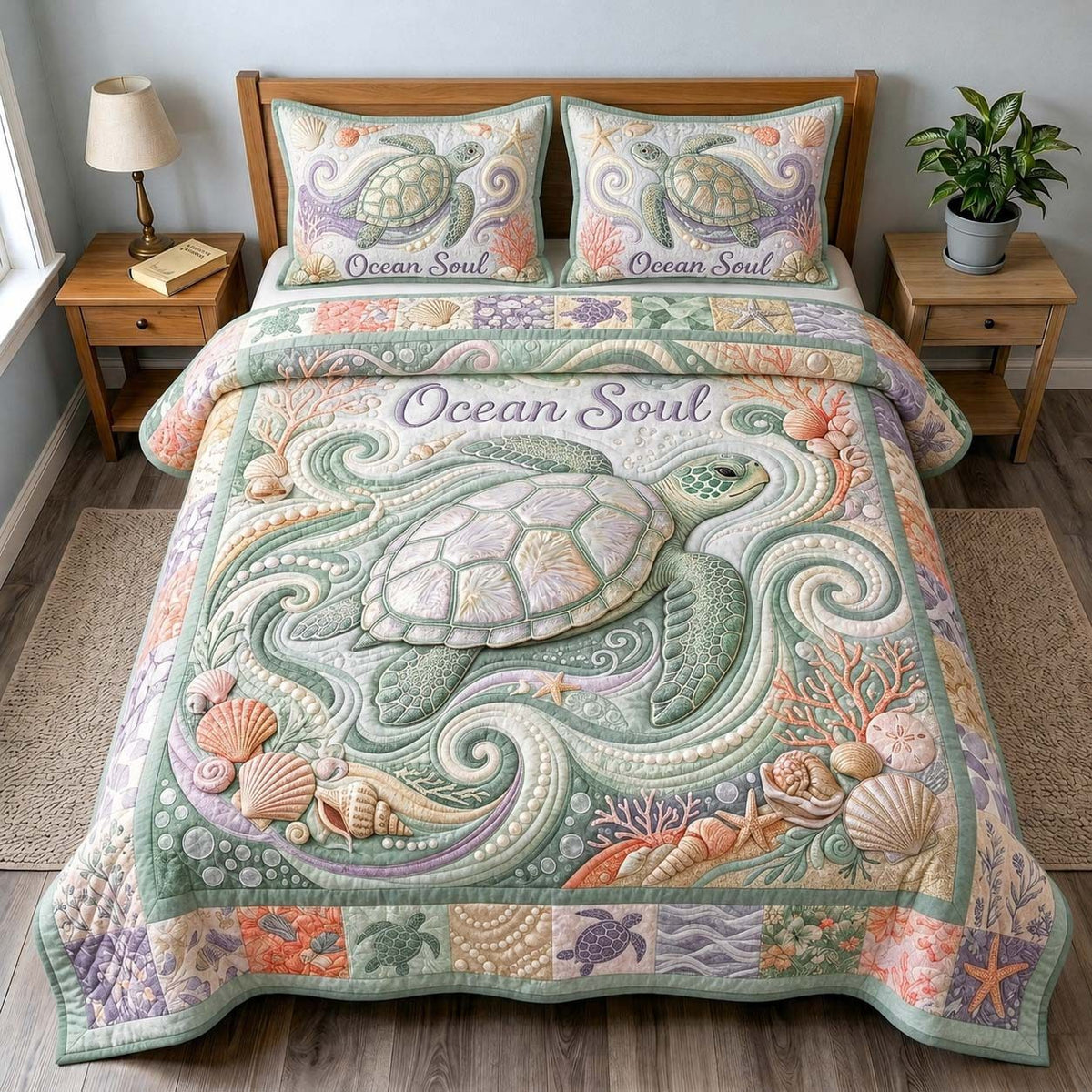 Soft Ocean Soul quilted 3-piece bedding set on a made bed in a light coastal bedroom
