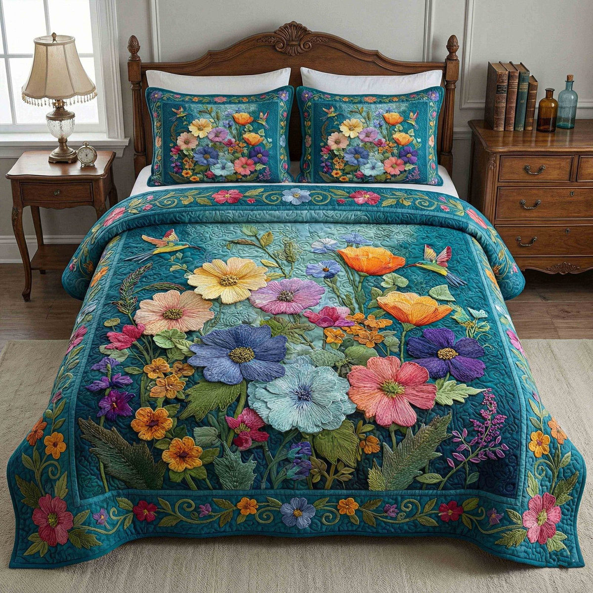 Soft Petal Dream quilted 3-piece bedding set on a made bed with two matching pillow shams
