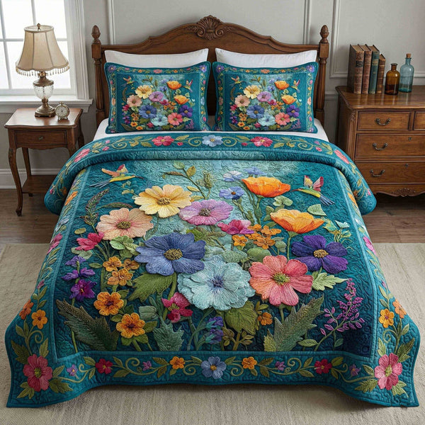 Soft Petal Dream quilted 3-piece bedding set on a made bed with two matching pillow shams