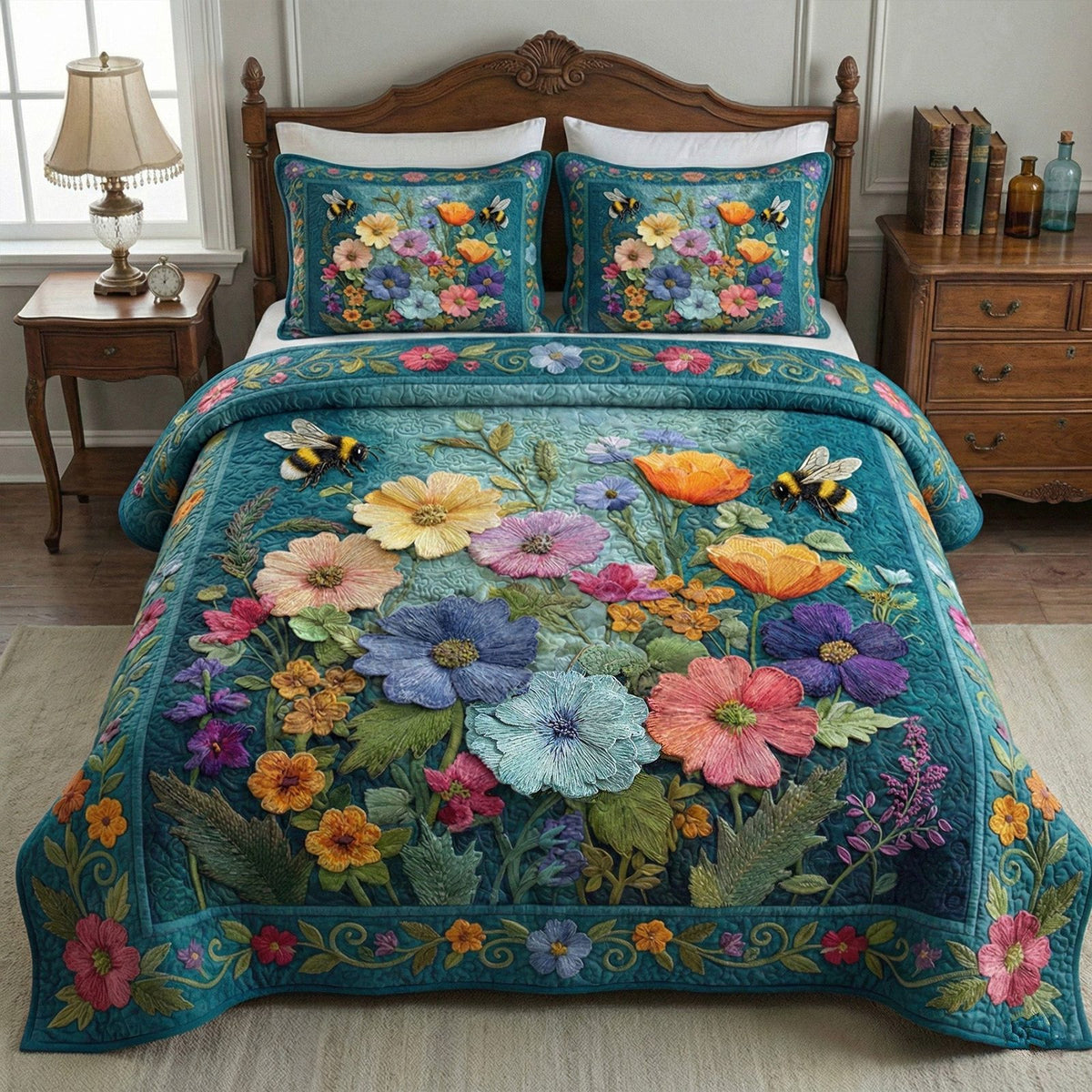 Soft Petal Dream V2 quilted 3-piece bedding set on a made bed with two matching pillow shams