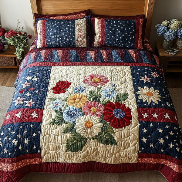 Soft Petal quilted 3-piece bedding set on a made bed with two matching pillow shams