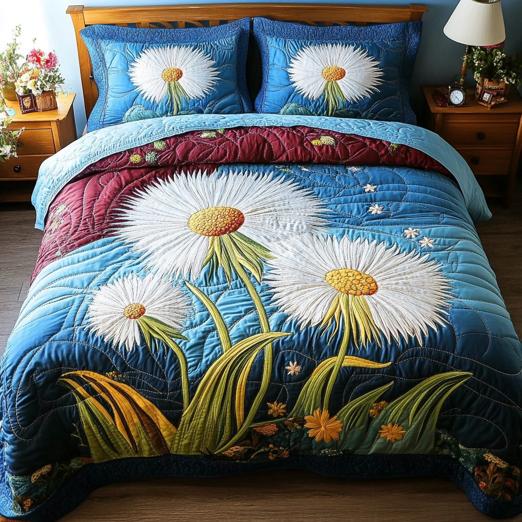 Soft Petals quilted 3-piece bedding set on a made bed with two matching pillow shams