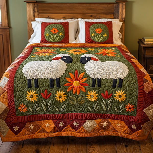 Soft Sheep quilted 3-piece bedding set on a made bed with two matching pillow shams