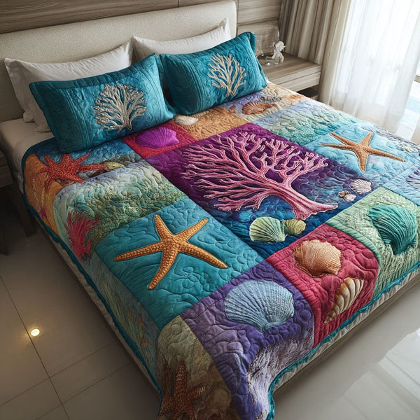 Soft Tides quilted 3-piece bedding set on a made bed with two matching pillow shams