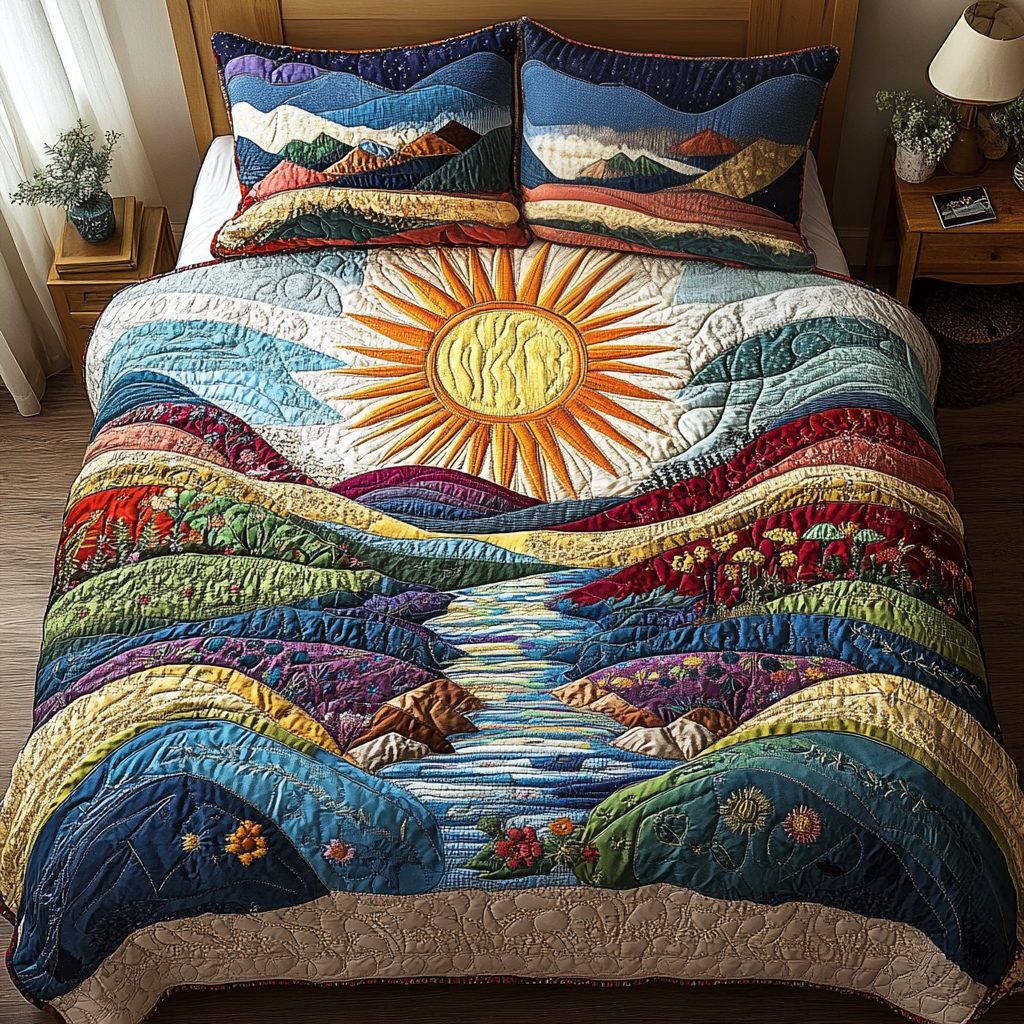 Solar Bliss quilted 3-piece bedding set on a made bed with two matching pillow shams