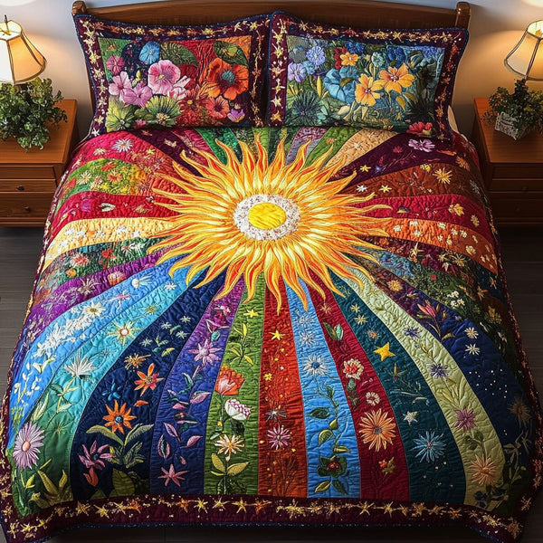 Solar Bliss quilted 3-piece bedding set on a made bed with two matching pillow shams