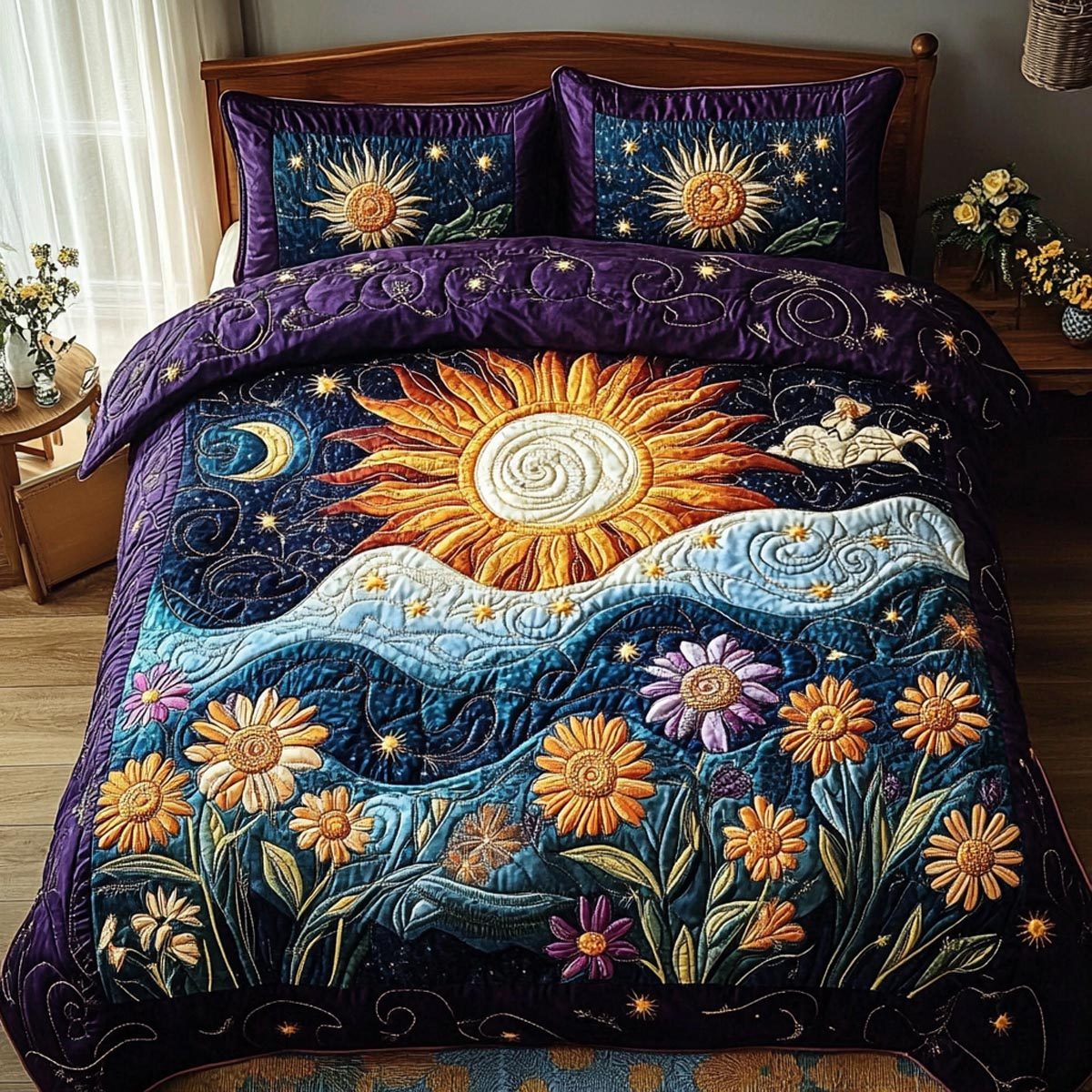 Solar Bloom quilted 3-piece bedding set on a made bed with two matching pillow shams