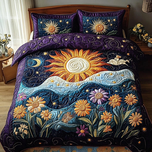 Solar Bloom quilted 3-piece bedding set on a made bed with two matching pillow shams
