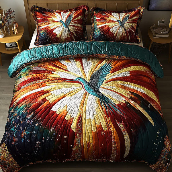 Solar Bloom quilted 3-piece bedding set on a made bed with two matching pillow shams