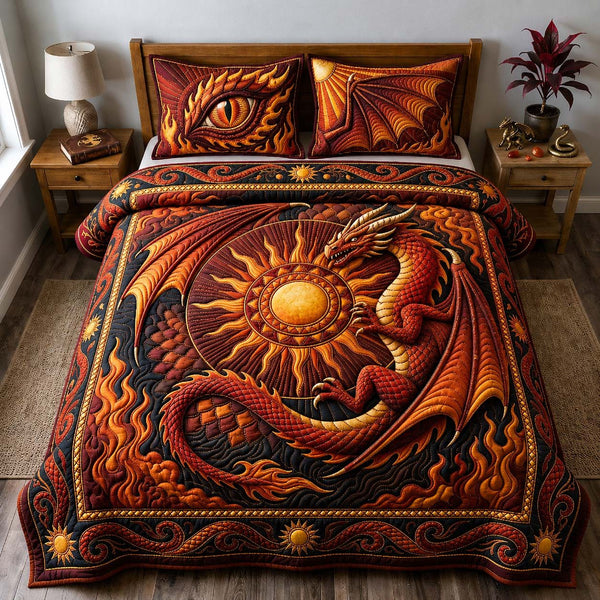 Solar Drake quilted 3-piece bedding set on a made bed with two matching pillow shams
