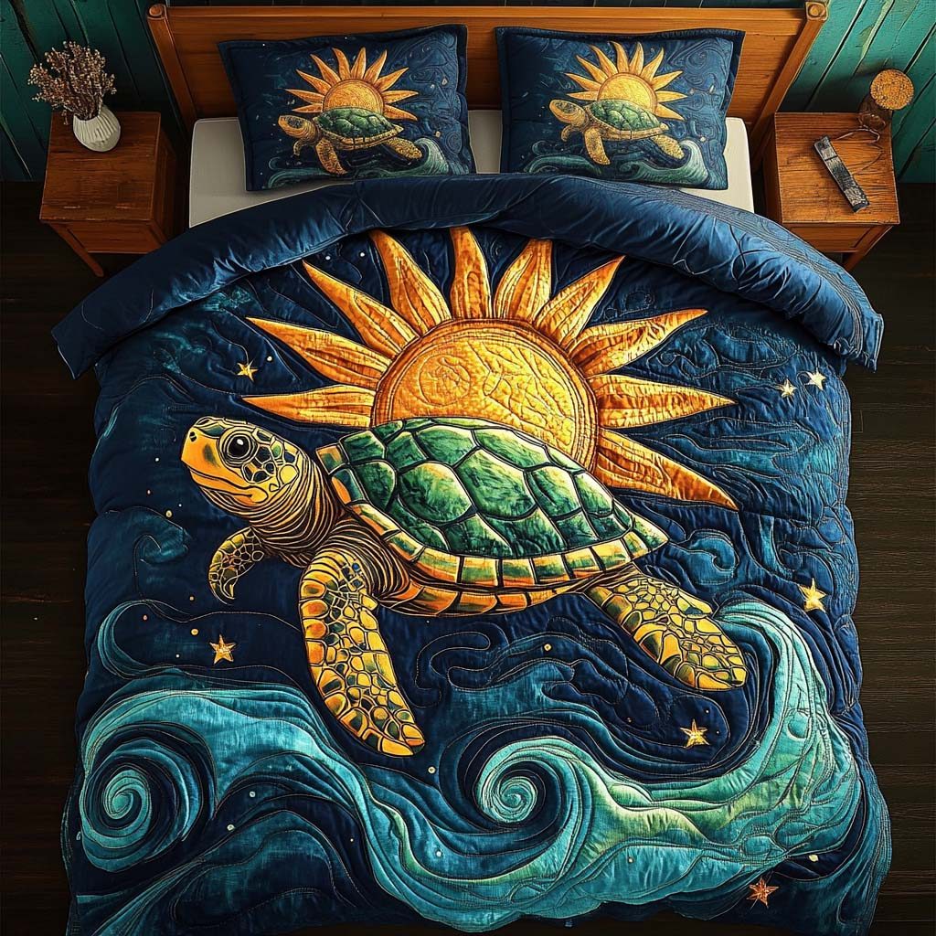 Solar Drift quilted 3-piece bedding set on a made bed with two matching pillow shams