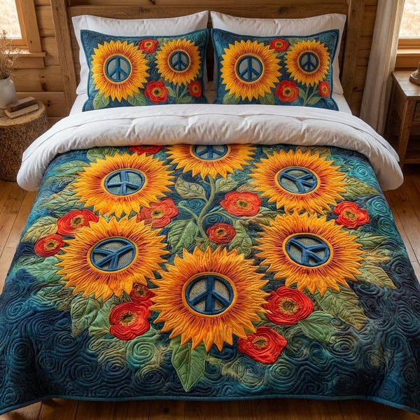 Solar Flower quilted 3-piece bedding set on a made bed with two matching pillow shams
