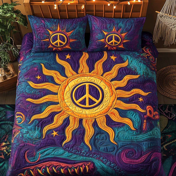 Solar Groove quilted 3-piece bedding set on a made bed with two matching pillow shams