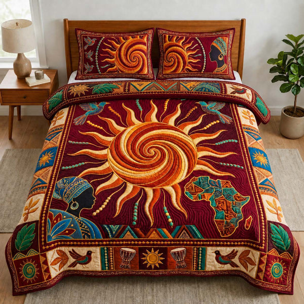 Solar Heritage Queen quilted 3-piece bedding set on a made bed in a farmhouse bedroom