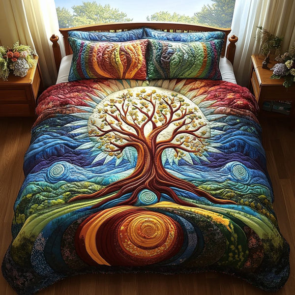 Solar Meadow quilted 3-piece bedding set on a made bed with two matching pillow shams