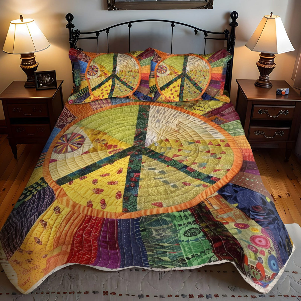 Solar Peace quilted 3-piece bedding set on a made bed with two matching pillow shams
