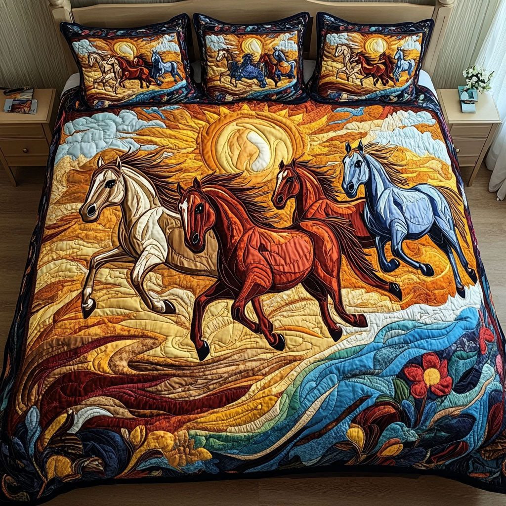 Solar Ride quilted 3-piece bedding set on a made bed with two matching pillow shams