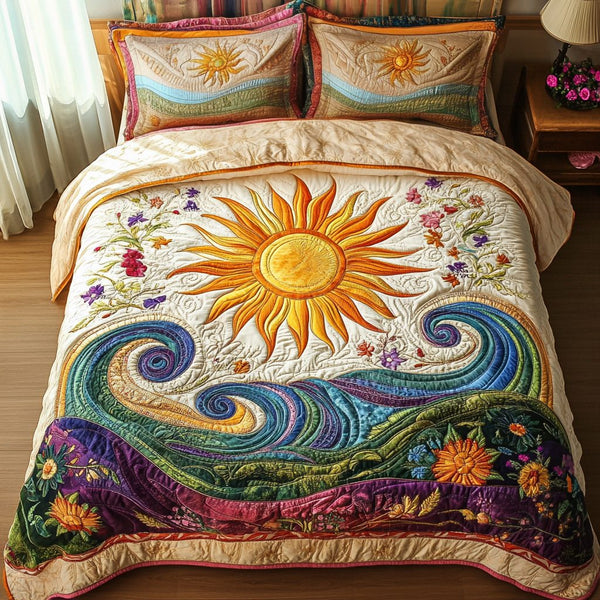 Solar Serenity quilted 3-piece bedding set on a made bed with two matching pillow shams