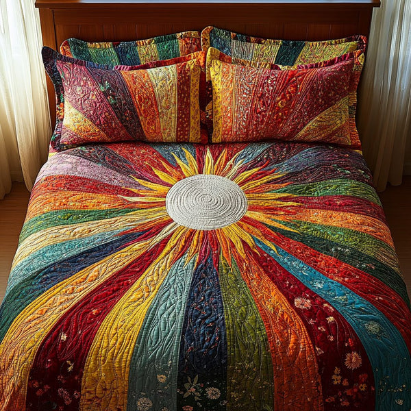 Solar Symphony quilted 3-piece bedding set on a made bed with two matching pillow shams