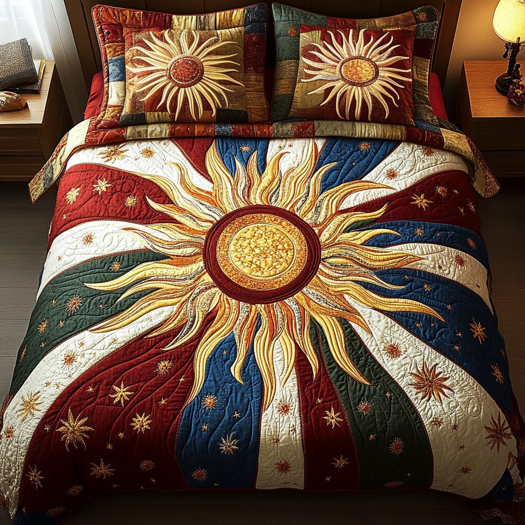 Solar Symphony quilted 3-piece bedding set on a made bed with two matching pillow shams