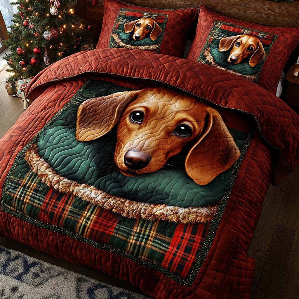 Solo Dachshund quilted 3-piece bedding set on a made bed with two matching pillow shams