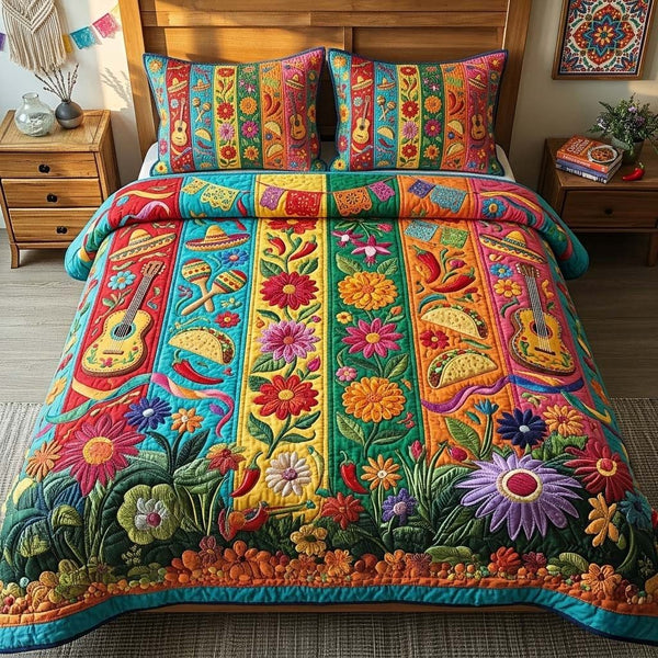 Sombrero Fiesta Rays quilted 3-piece bedding set on a made bed with two matching pillow shams