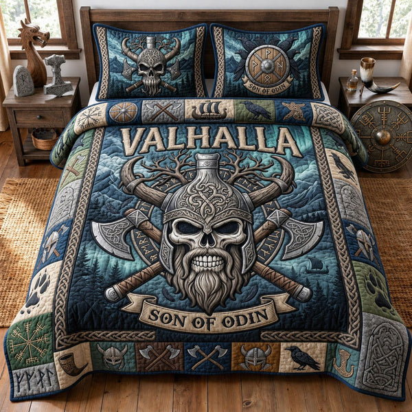 Son Of Odin quilted 3-piece bedding set on a made bed with two matching pillow shams