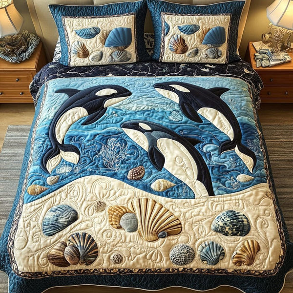 Song of Depths quilted 3-piece bedding set on a made bed with two matching pillow shams