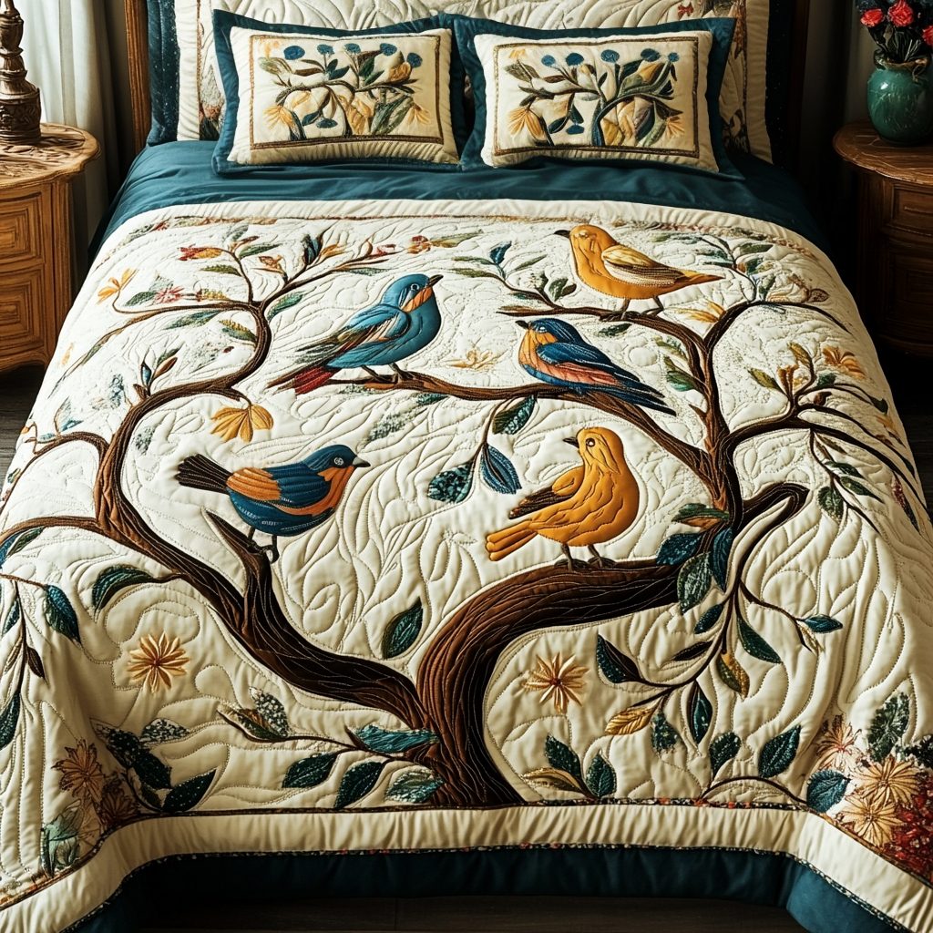 Songbird Bliss quilted 3-piece bedding set on a made bed with two matching pillow shams