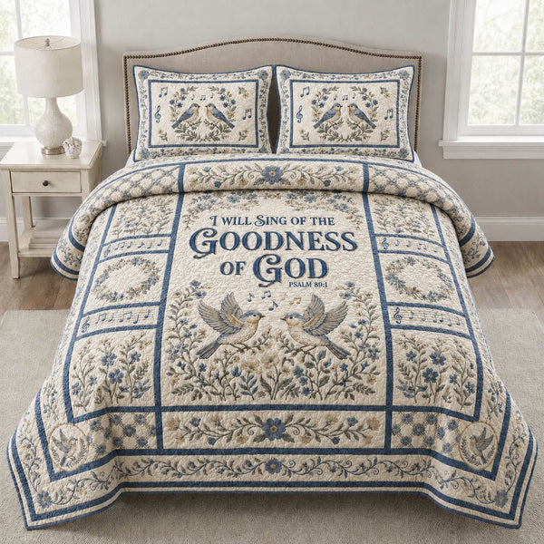 Songbird Couple Psalm 89 1 quilted 3-piece bedding set on a made bed in a softly lit bedroom