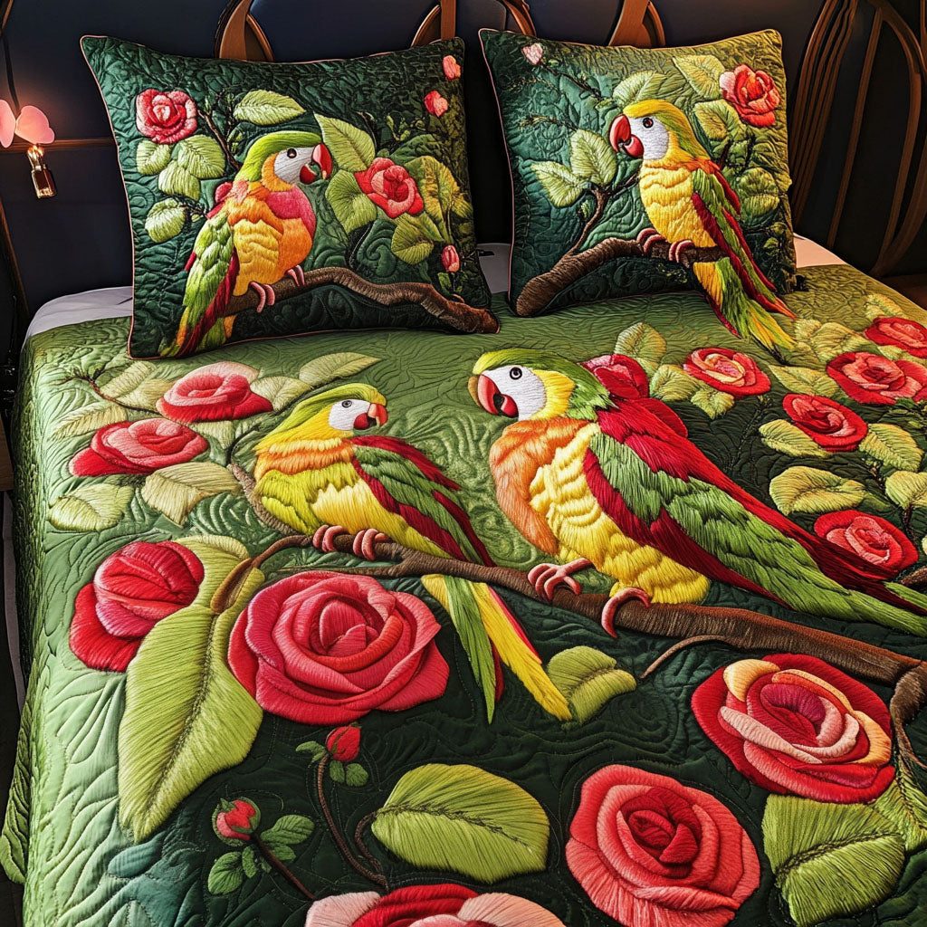 Songbird Serenade quilted 3-piece bedding set on a made bed with two matching pillow shams