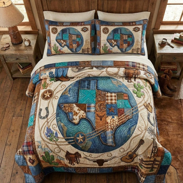 Songs of the Lone Star quilted 3-piece bedding set on a made bed with two matching pillow shams