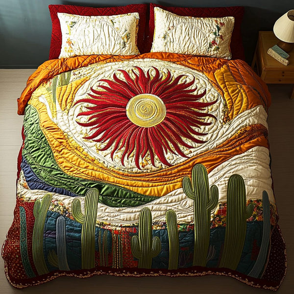 Sonoran Charm quilted 3-piece bedding set on a made bed with two matching pillow shams