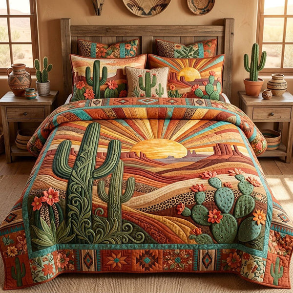 Sonoran Sunset Splendor quilted 3-piece bedding set on a made bed with two matching pillow shams
