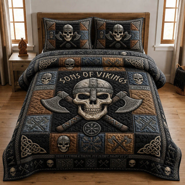 Sons Of Vikings quilted 3-piece bedding set on a made bed with two matching pillow shams